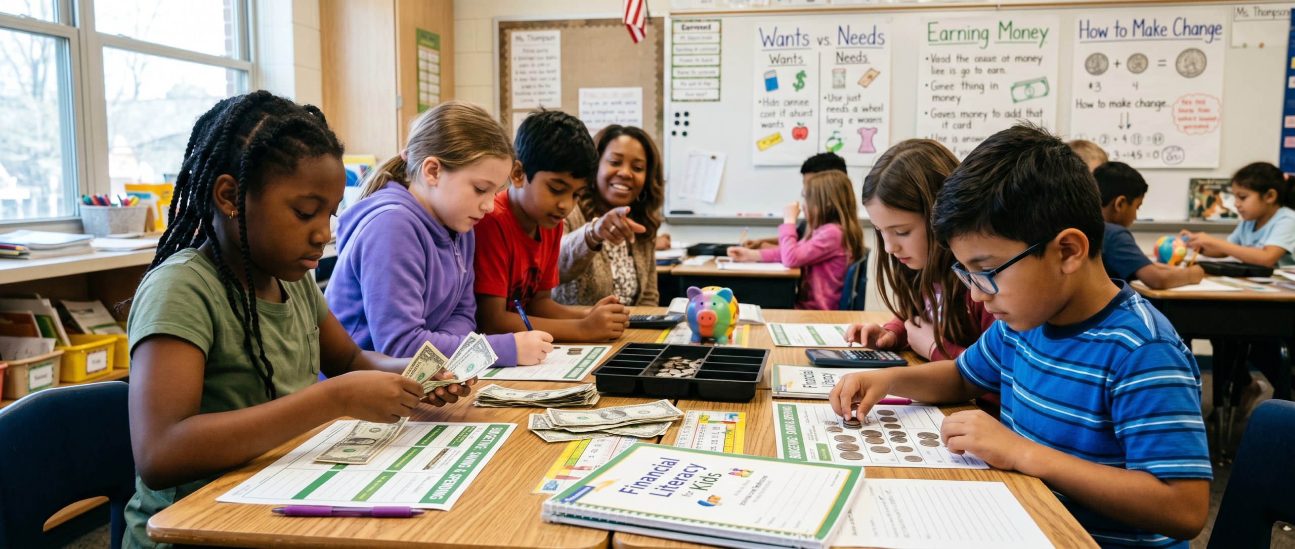 Kids in a class learning about money