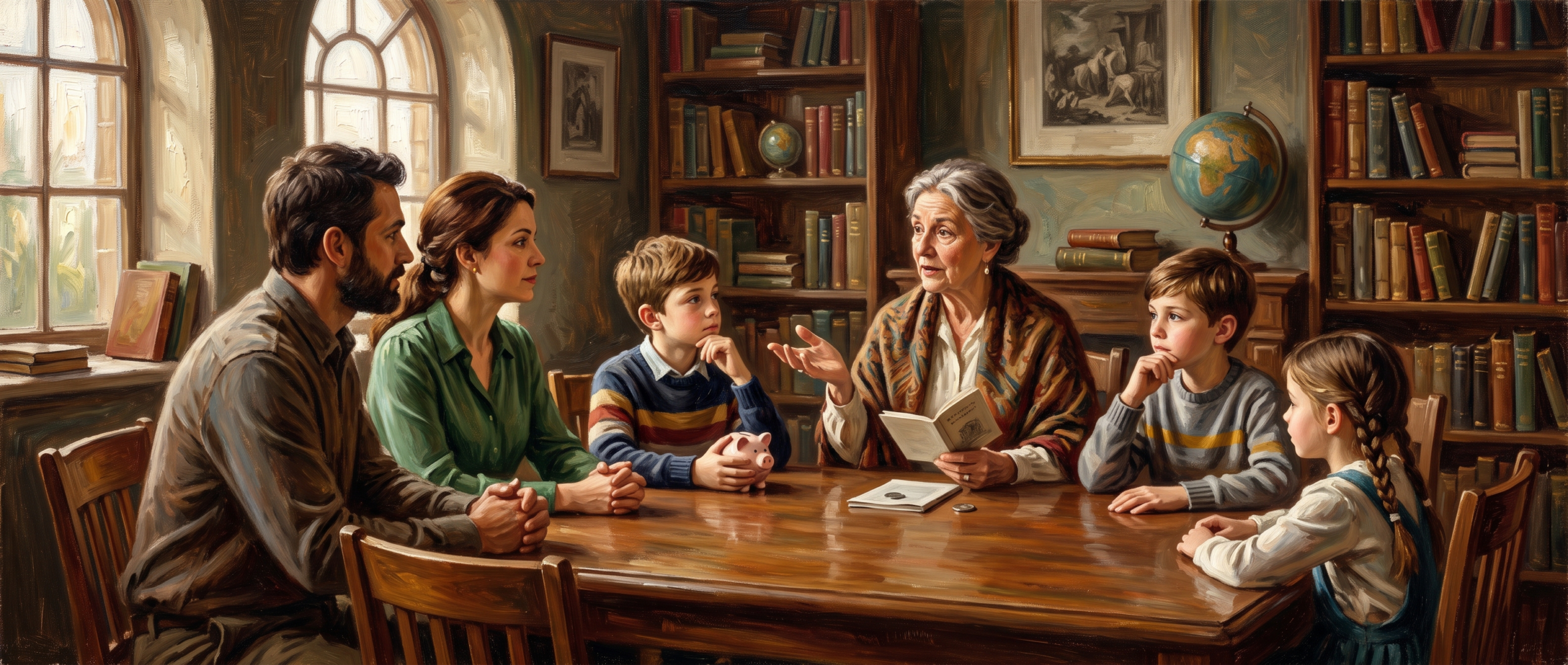 Parents , teachers and kids discussing about money